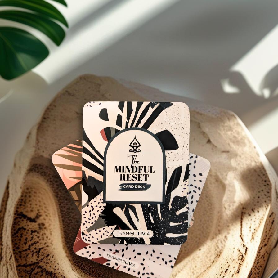 A card deck with mindful practices to support daily calm and stress relief with natural leaf design and 'The Mindful Reset' text laying flat on natural wood with a plant in the background