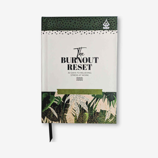 Guided journal to support burnout and work stress relief titled 'The Burnout Reset' with a green natural plant-themed design on a white background.