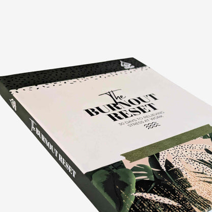 Book titled 'The Burnout Reset' with a minimalistic, green, natural plant-themed design on a white background