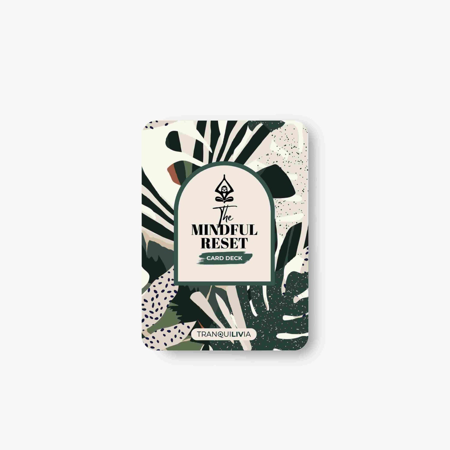 A card deck with mindful practices to support daily calm and stress relief with natural leaf design and 'The Mindful Reset' text on a white background