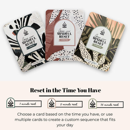 Three cards from 'The Mindful Reset Card Deck' with different designs and text on a white background and a diagram of card categories on a white background.