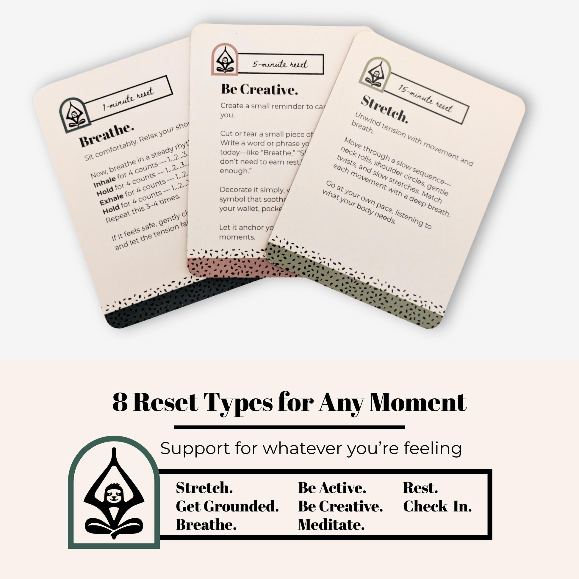 Three cards from 'The Mindful Reset Card Deck' with examples of guided reset practices and a diagram of the reset type categories on a white background.