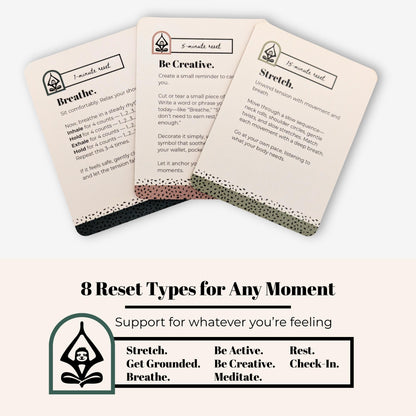 Three cards from 'The Mindful Reset Card Deck' with examples of guided reset practices and a diagram of the reset type categories on a white background.