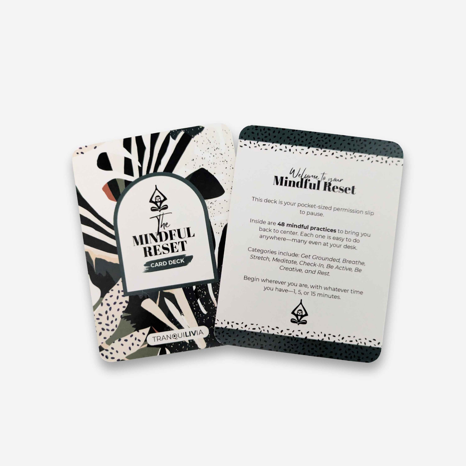 A mindful practice guided card deck for stress relief titled 'The Mindful Reset' with instructions how to use The Mindful Reset card deck on a white background