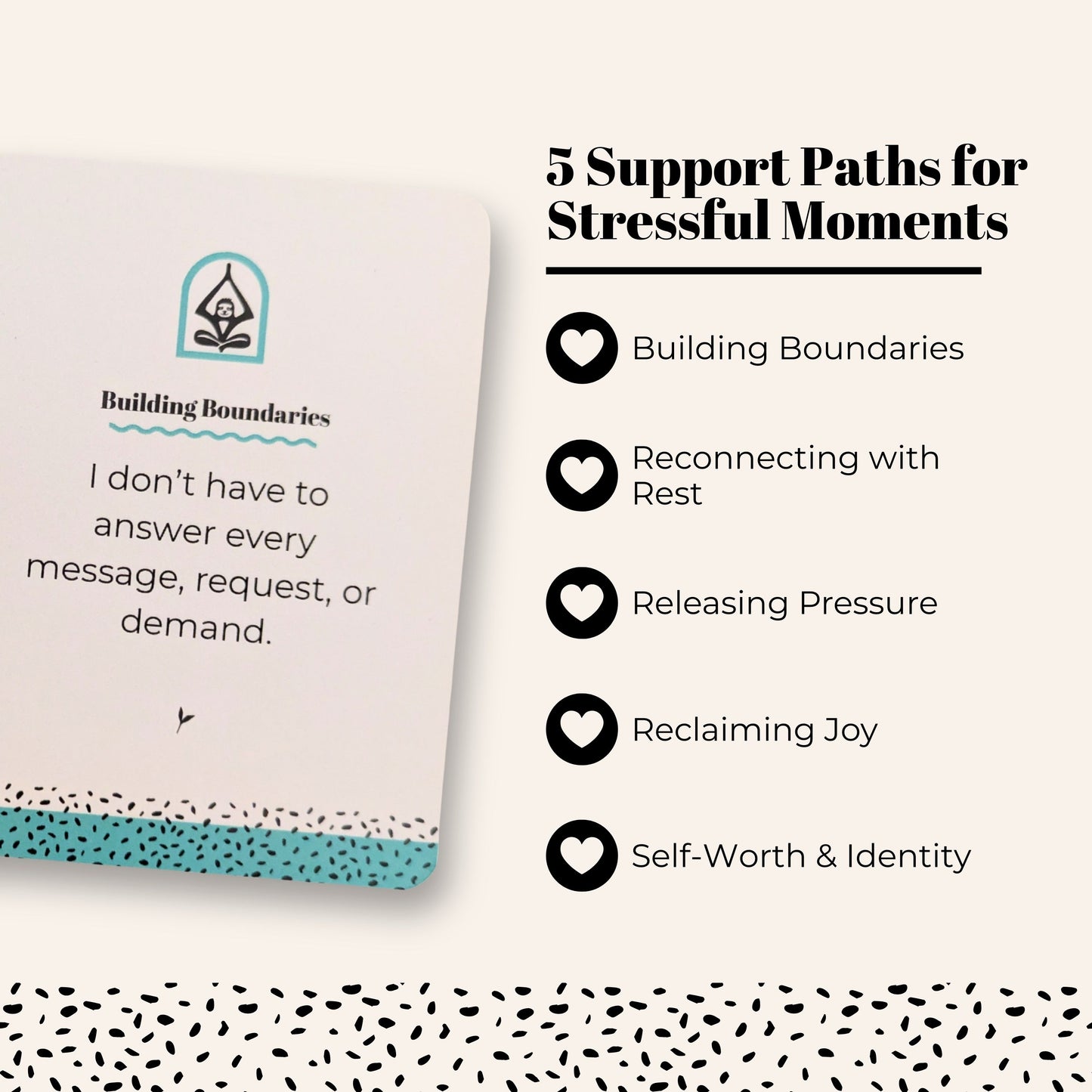 A mindful affirmation card deck titled 'The Burnout Reset' with an example affirmation for stress at work and burnout recovery. The text reads "5 Support Paths for Stressful Moments" with the 5 card categories next to heart icons on an off-white background.