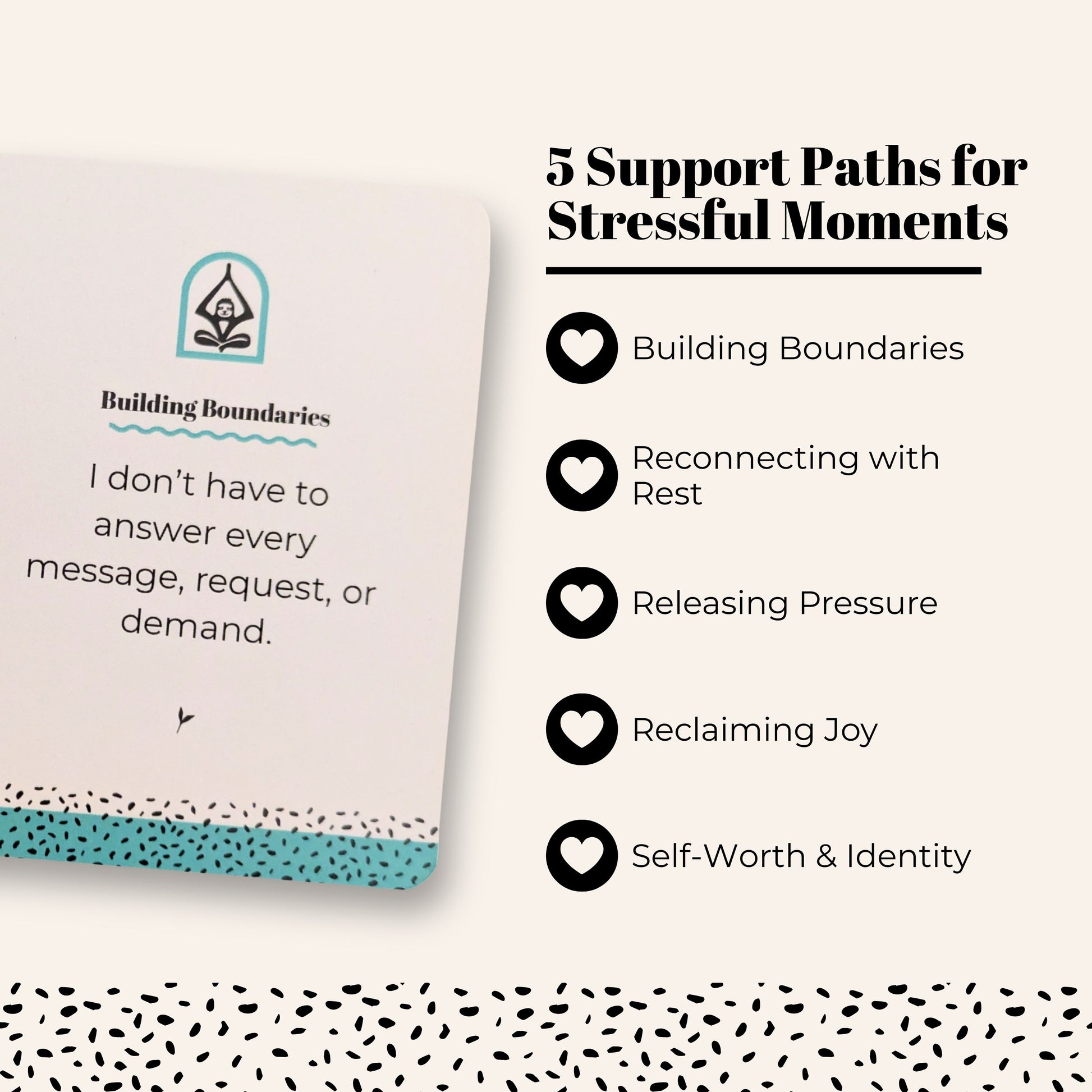 A mindful affirmation card deck titled 'The Burnout Reset' with an example affirmation for stress at work and burnout recovery. The text reads "5 Support Paths for Stressful Moments" with the 5 card categories next to heart icons on an off-white background.