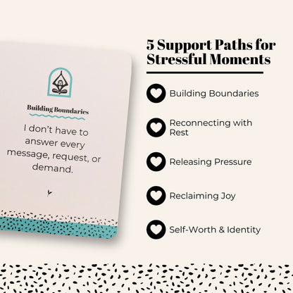 A mindful affirmation card deck titled 'The Burnout Reset' with an example affirmation for stress at work and burnout recovery. The text reads "5 Support Paths for Stressful Moments" with the 5 card categories next to heart icons on an off-white background.