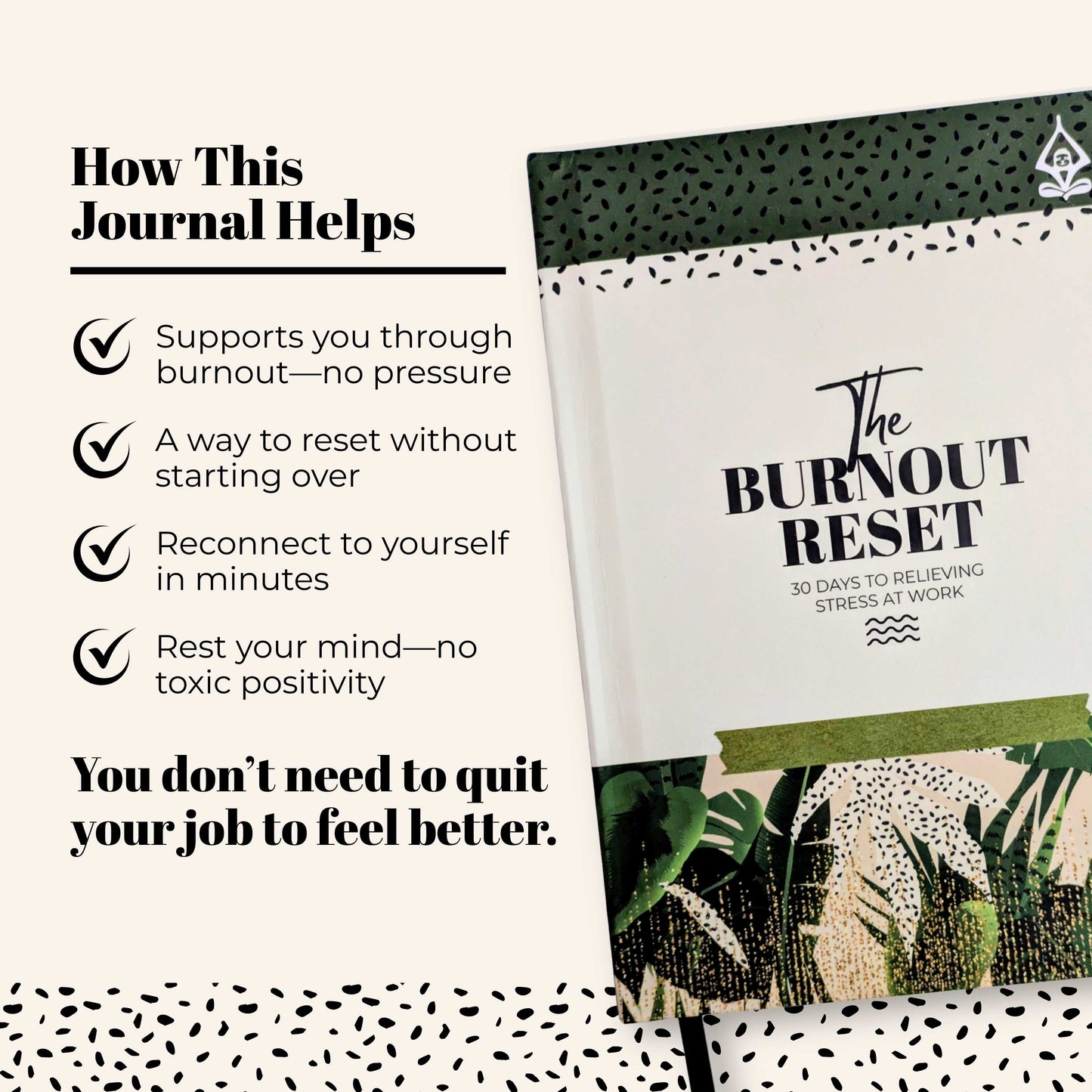 Journal titled 'The Burnout Reset' with text highlighting its benefits on a white background.