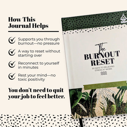 Journal titled 'The Burnout Reset' with text highlighting its benefits on a white background.