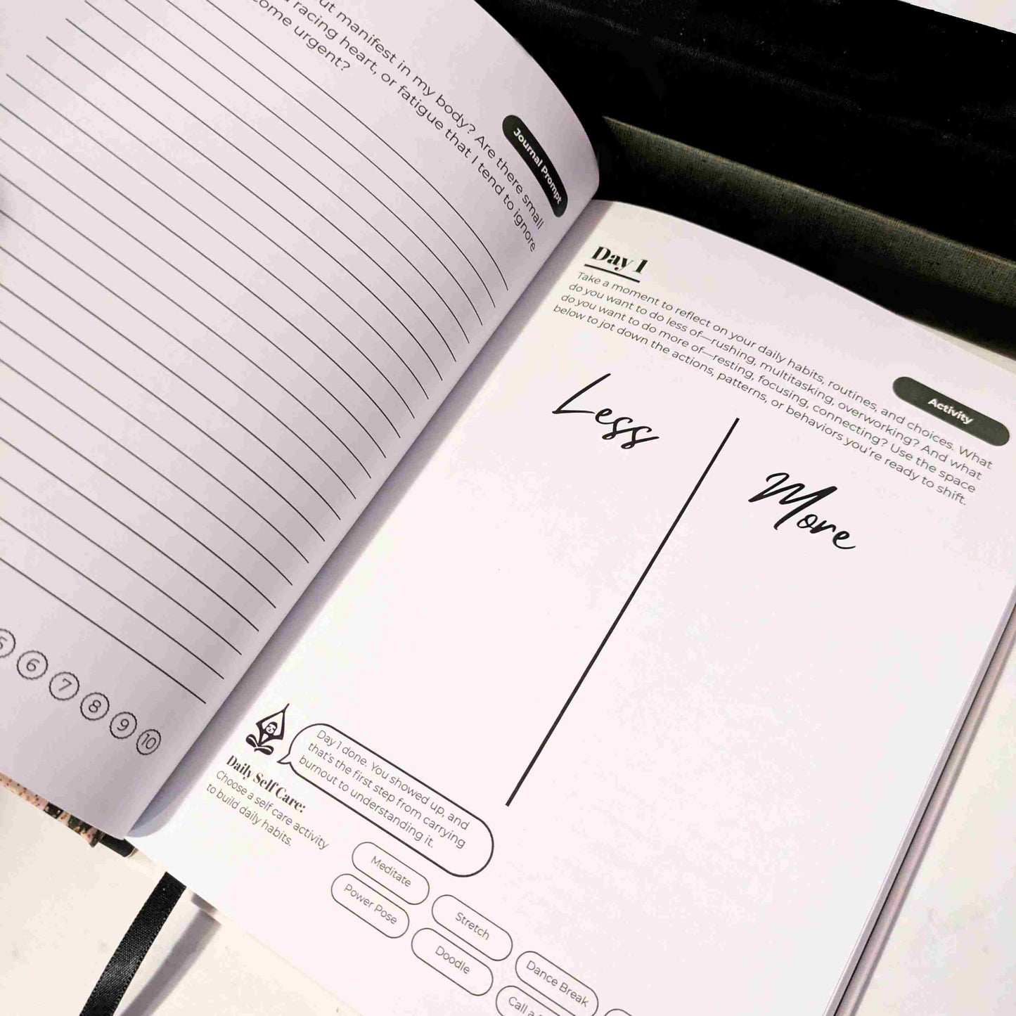 An interior daily activity page inside a guided journal titled 'The Burnout Reset' to support burnout and work stress relief