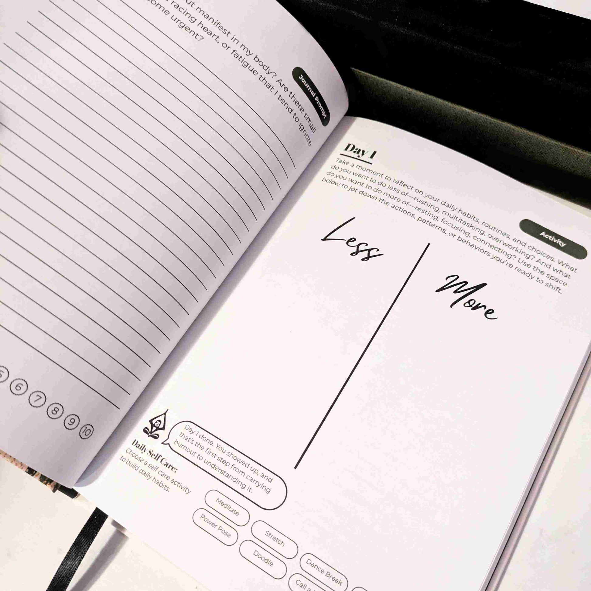 An interior daily activity page inside a guided journal titled 'The Burnout Reset' to support burnout and work stress relief