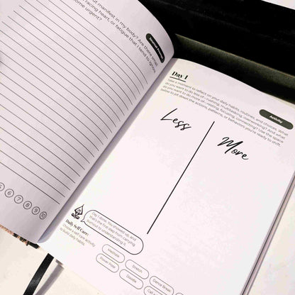 An interior daily activity page inside a guided journal titled 'The Burnout Reset' to support burnout and work stress relief