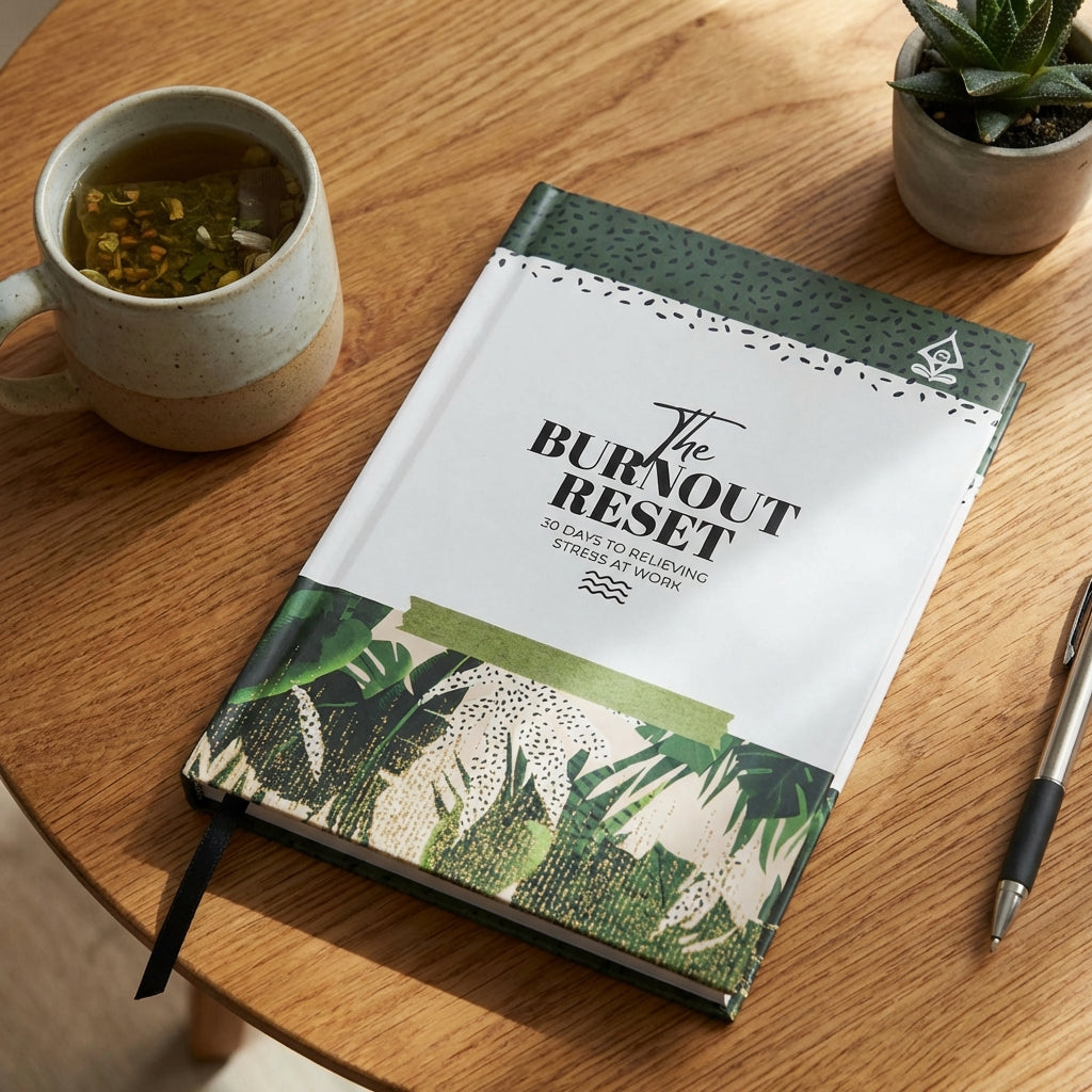 Guided journal titled 'The Burnout Reset' on a wooden table with a mug and plant. It is a journal with prompts for dealing with work stress to support burnout recovery and prevent burnout.