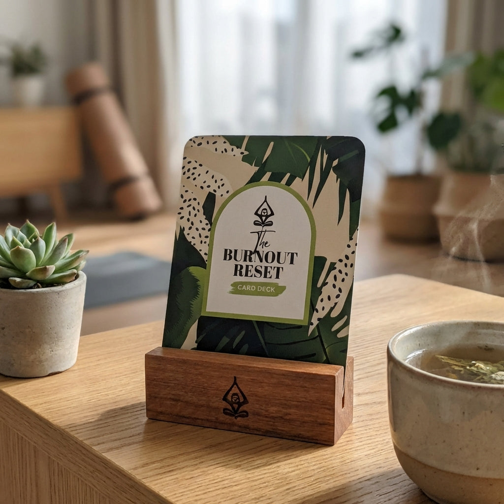 Card deck titled 'The Burnout Reset' on a wooden stand with a blurred background of books and a candle. Positive affirmations for stress at work can change your mindset and prevent burnout.