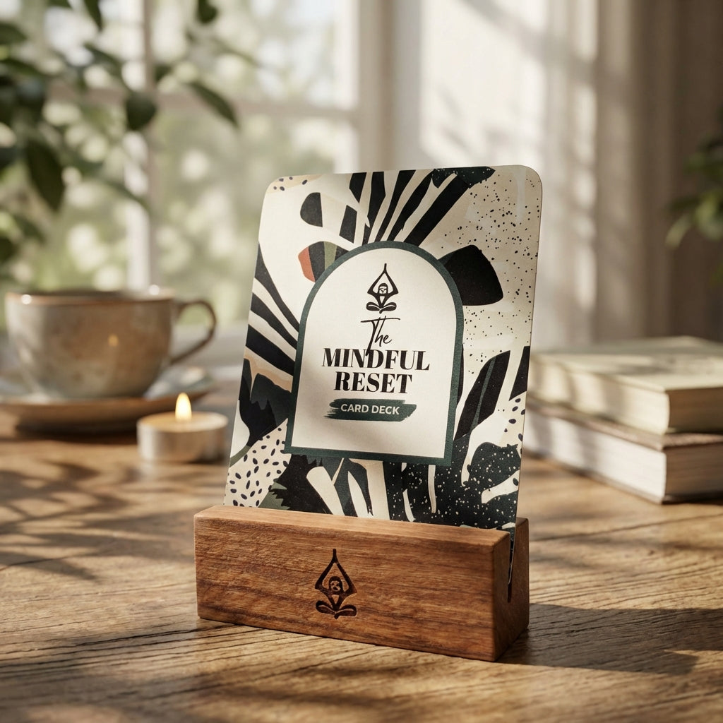 Card deck titled 'The Mindful Reset' on a wooden stand with a blurred background of books and a candle resembling the stress relief provided by practicing mindfulness exercises.