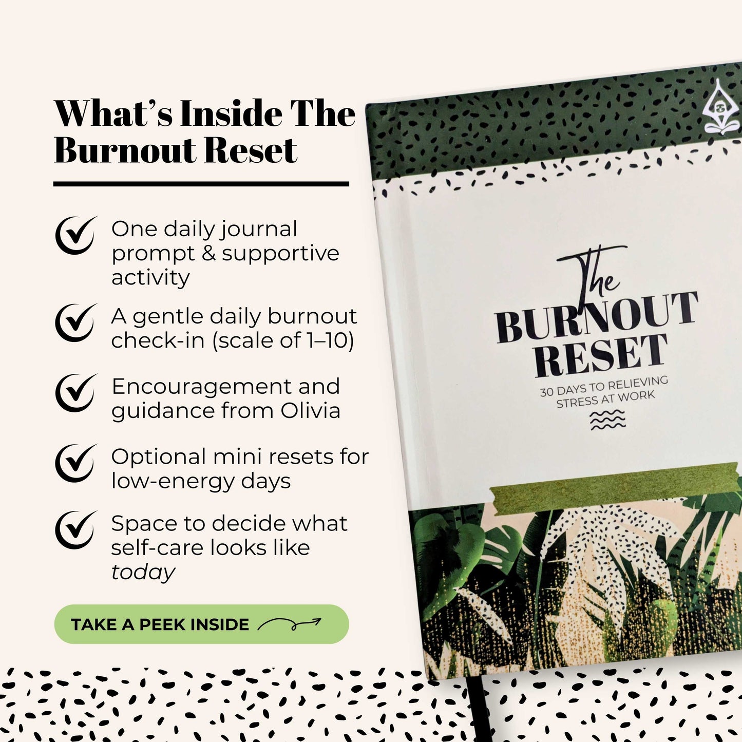 Front cover of 'The Burnout Reset Journal' with text detailing what's inside this guided journal for burnout recovery including daily journal prompts for burnout   and work stress relief.