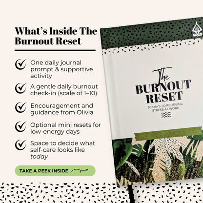 Front cover of 'The Burnout Reset Journal' with text detailing what's inside this guided journal for burnout recovery including daily journal prompts for burnout   and work stress relief.